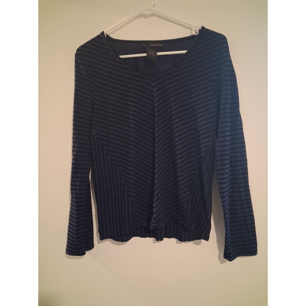 Calvin Klein Jeans Navy Black Striped V-Neck Long Sleeve Blouse M Regular Size